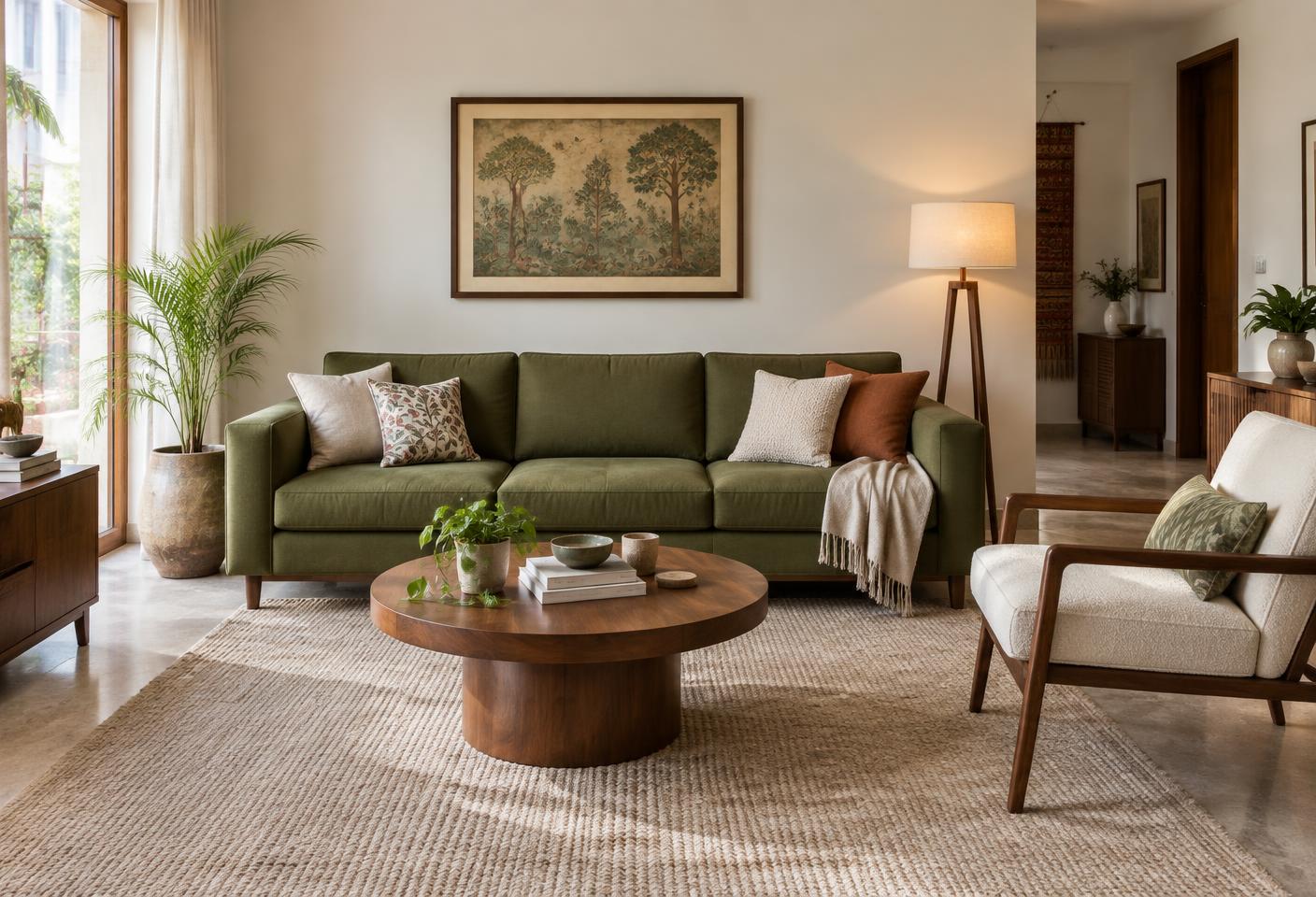Living room styled with olive sofa, walnut coffee table and cream chair